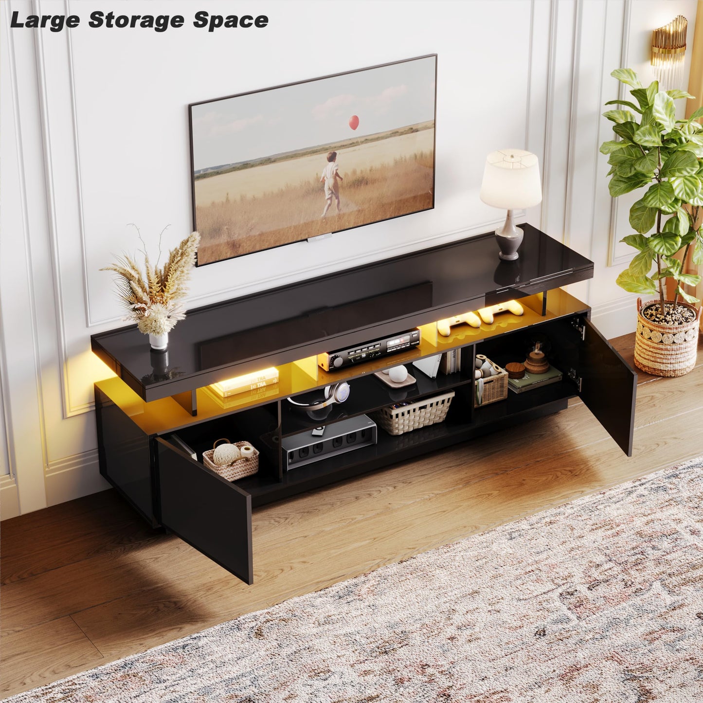 ChooChoo Modern LED TV Stand for 50/55/60/65 Inch TV, High Glossy Entertainment Center with 2 Storage Cabinets, Media Console with 5 Open Shelves for Living Room, Bedroom, Black - WoodArtSupply