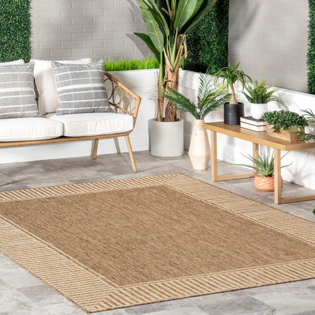nuLOOM 4' x 6' Outdoor Area Rug, Casual Design With Striped Border, Stain Resistant, Highly Durable, For Patio, Balcony, Bedroom, Living Room, Dining Room, Bathroom, Light Brown nuLOOM