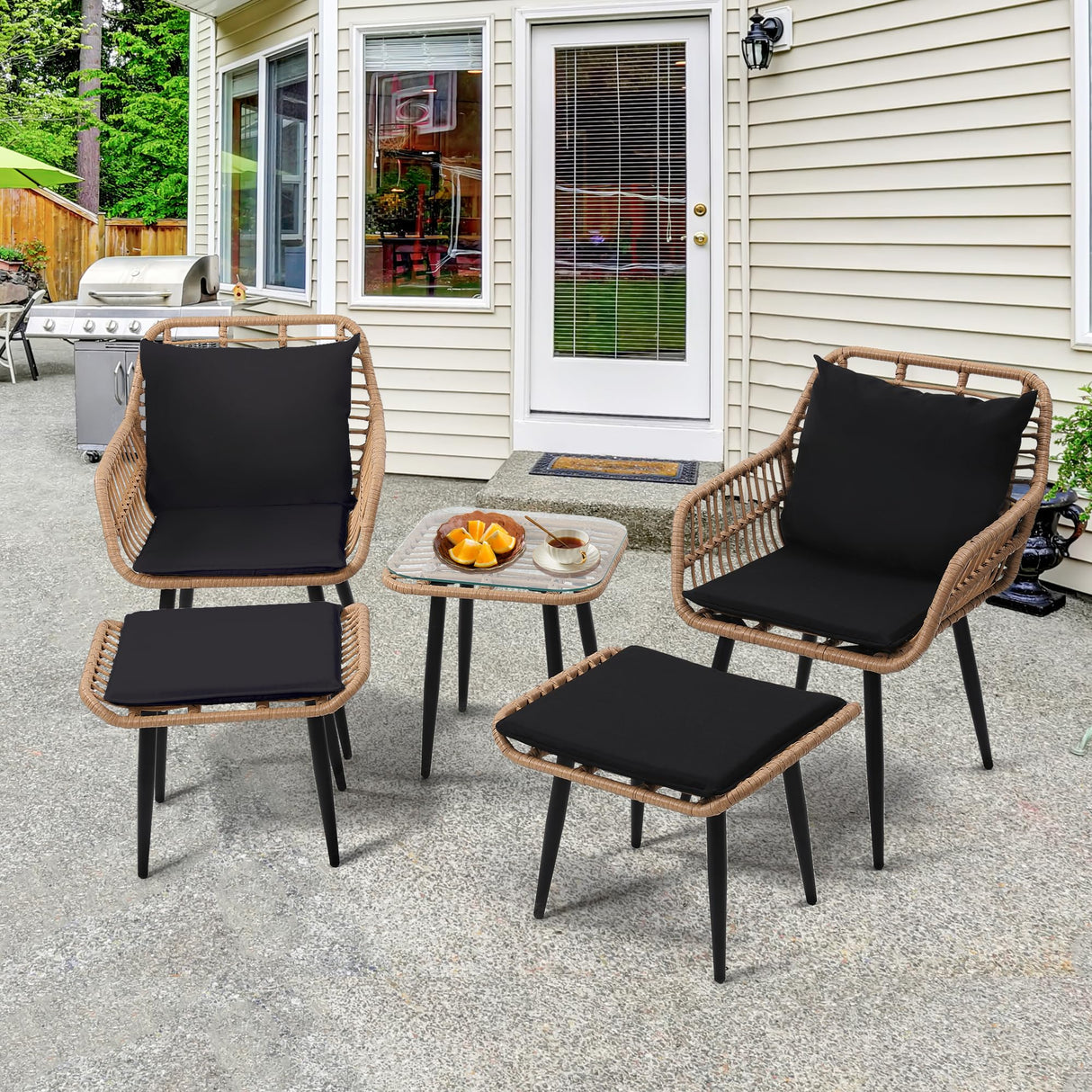 KROFEM Outdoor Wicker Chairs and Table Bistro Conversation Furniture Set, 5 Pieces with Ottoman for Porch, Balcony, Deck, Patio, Backyard, Natural Color KROFEM
