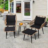 KROFEM Outdoor Wicker Chairs and Table Bistro Conversation Furniture Set, 5 Pieces with Ottoman for Porch, Balcony, Deck, Patio, Backyard, Natural Color KROFEM