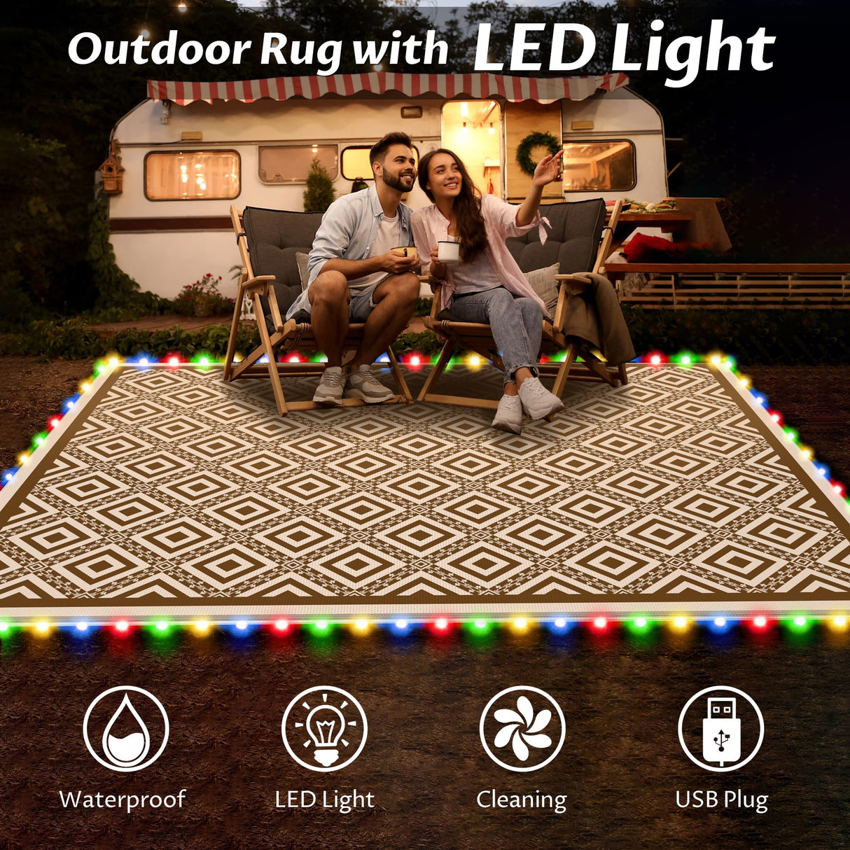 RV Outdoor Rug with Lights 8x10ft, Outdoor Camping Rug, Waterproof, Easy Cleaning, Non Shedding, Foldable and Portable, Reversible Mats for RV, Deck, Beach, Camping, Patio, Picnic (Brown & White) Pafolo