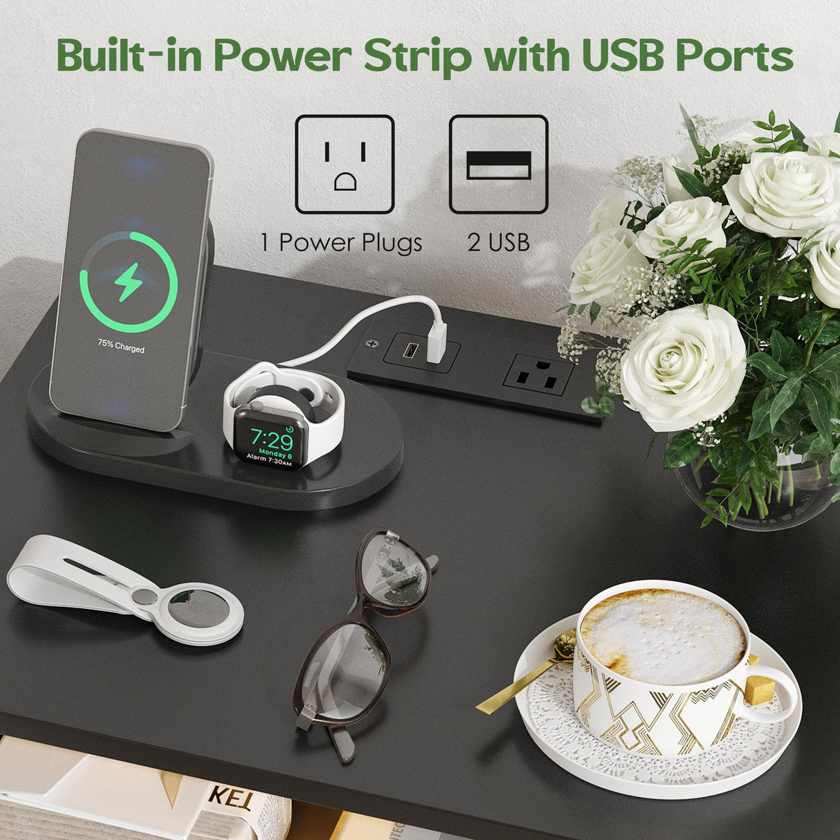 AYEASY Night Stand with Charging Station, LED Wood Black Nightstand Bedside Table with 2 USB Ports & Outlets, Nightstands with 2 Large Drawers, End Side Table Dresser with Storage Shelf for Bedroom. AYEASY