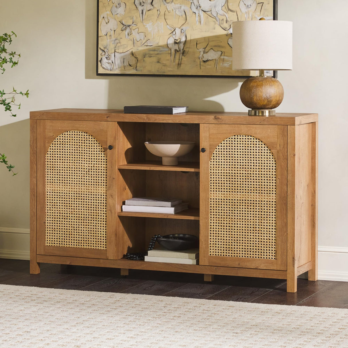 Walker Edison Boho Arched Rattan 2-Door Sideboard, 58 Inch, English Oak Walker Edison