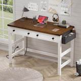 EnHomee Desk with Drawers & Power Outlets, Computer Desk for Home Office, Bedroom, Small Desk with a Side Pocket, 31.5" Writing Desk, Study Desk, Brown+White EnHomee