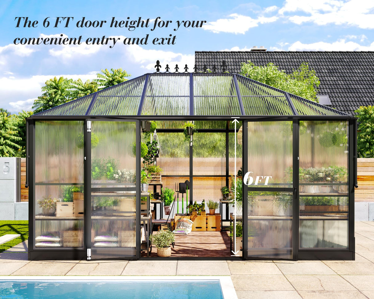 Jocisland 14x9.5x9 FT Polycarbonate Greenhouse- 6 FT Wall Height Outdoor Aluminum Greenhouses with 2 Ventilation and Rain Gutter, Double Doors with Hook, Walk-in Greenhouse for Backyard Garden Jocisland