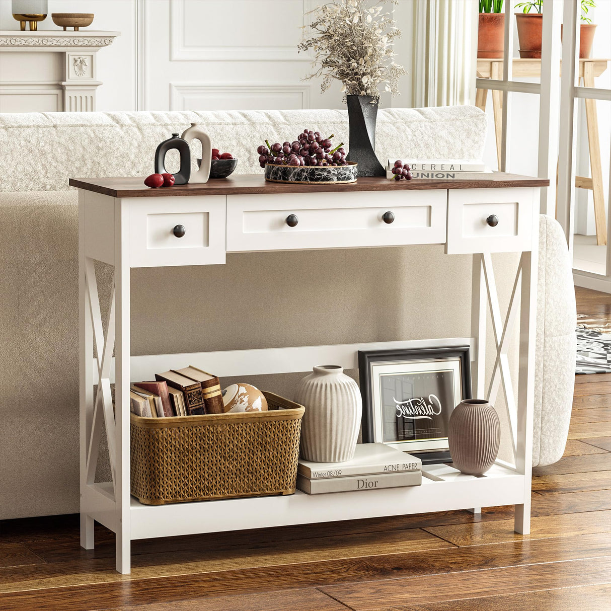 VEELOK 39.4" Farmhouse Console Table with 3 Drawers for Entryway, Rustic Entryway Table Entry Table, Sofa Table for Living Room, Hallway, Behind Couch, White and Brown VEELOK