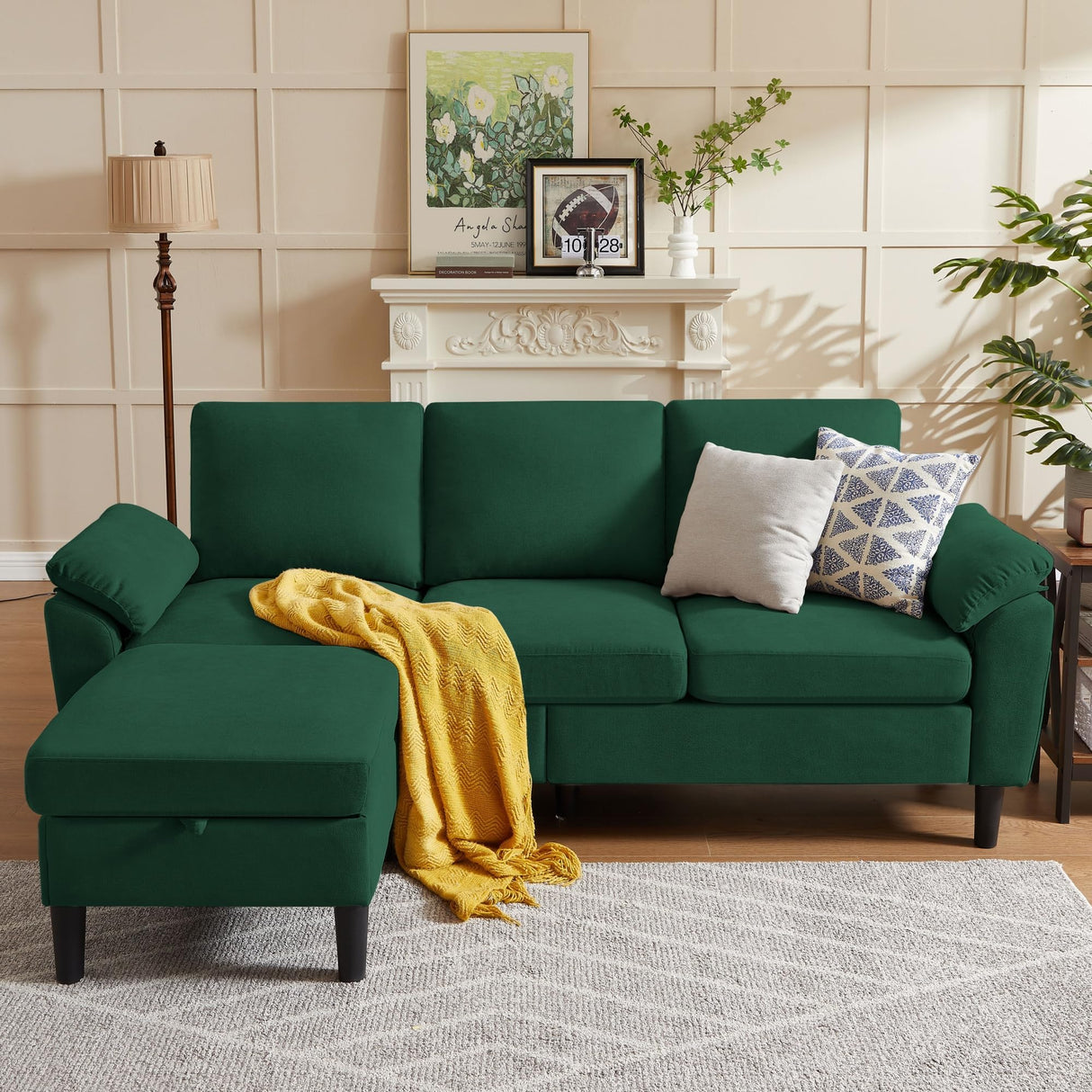 Chireca 80" Convertible Sectional Sofa, Small L Shaped 3 Seat Couch with Reversible Storage Chaise, Modern Polyester Fabric Sofa Couches for Living Room, Apartment and Small Space, Green Chireca