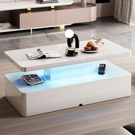 AHB Contemporary Coffee Tables for Living Room, LED Coffee Table with Rounded Corner in 16 Colors, High Gloss 2 Tiers Table with Hidden Power Supply AHB