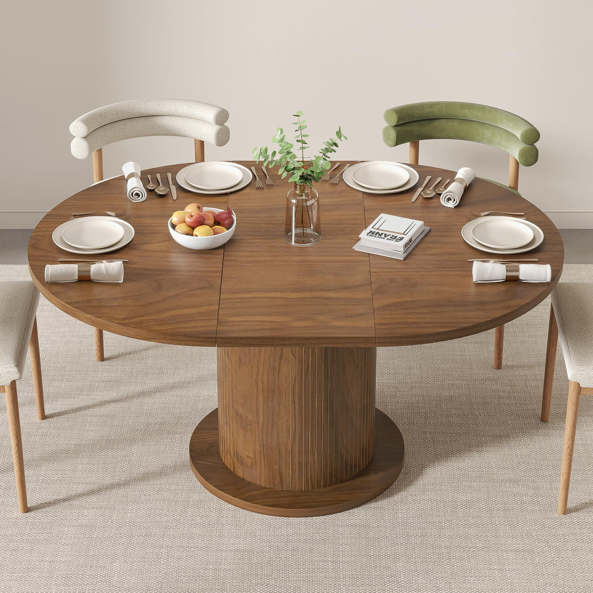 43.3 inch 59 inch Adjustable Size Round Dining Table for 4 6, Unique Design Modern Farmhouse Kitchen Table, Circle Dining Tables with Wood Strip Base for Kitchen Living Room (Walnut) LUVIOHOME