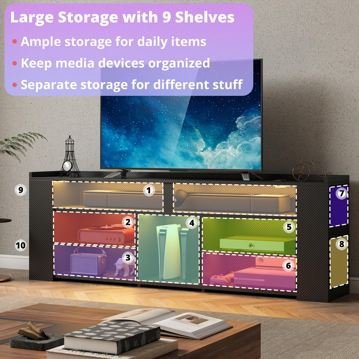 IRONCK Entertainment Center with Storage, 47 Inch Tall TV Stand W/Power Outlet, LED Gaming TV Cabinet for PS4, Black TV Stand with Carbon Fiber IRONCK