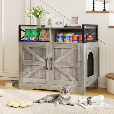 OtterOasis Cat Litter Box Enclosure, Ultra-Large Hidden Litter Box Furniture with Top Opening, Anti-Tipping Fence and 2 Open Drawers, Litter Box Cabinet End Table, Grey