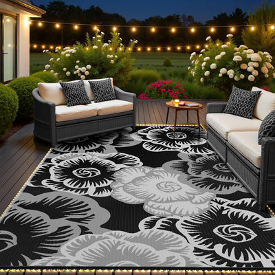 MontVoo Outdoor Rug with Led String Strip Lights 6x9ft Waterproof Outdoor Patio Rug Mat Reversible Plastic Straw Rug Outside Outdoor Rug for RV Camping Picnic Balcony Backyard Fairy Outdoor Decor