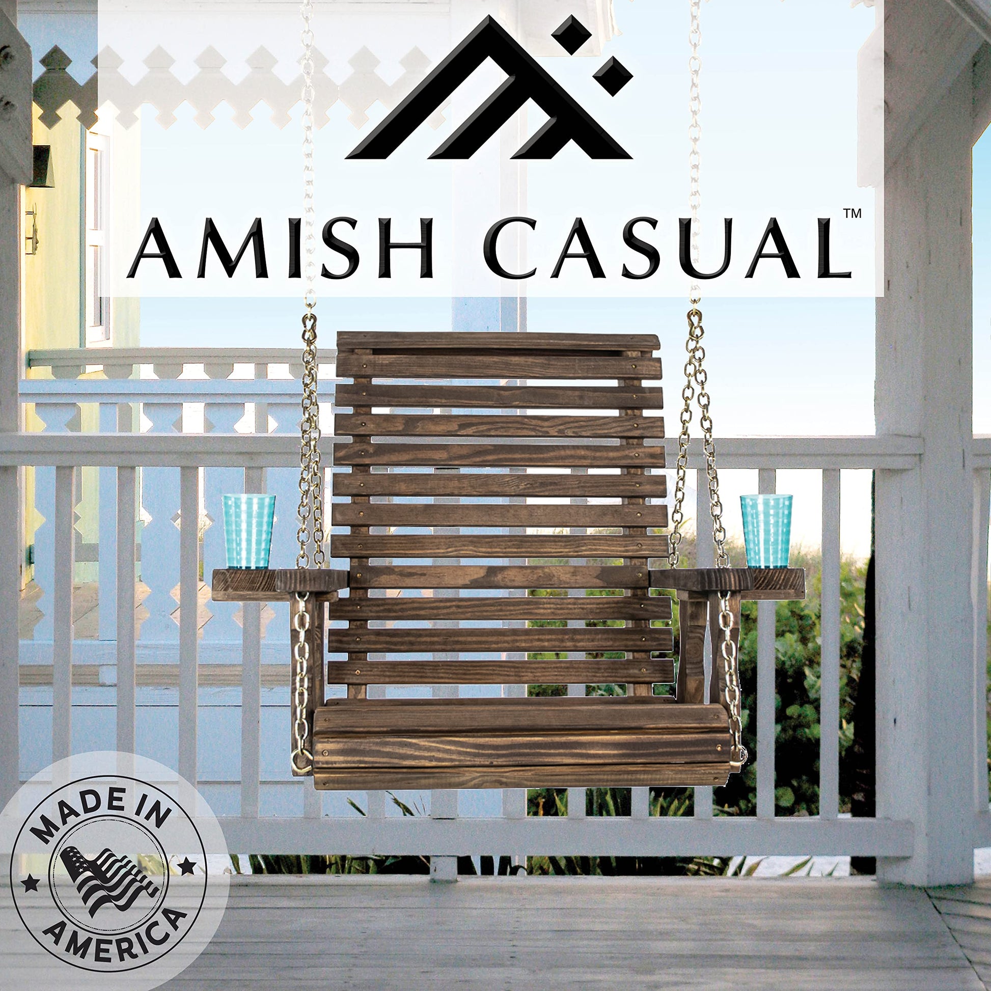 Amish Casual Heavy Duty Roll Back Pressure Treated Swing Chair with Cupholders (Dark Walnut Stain) - WoodArtSupply