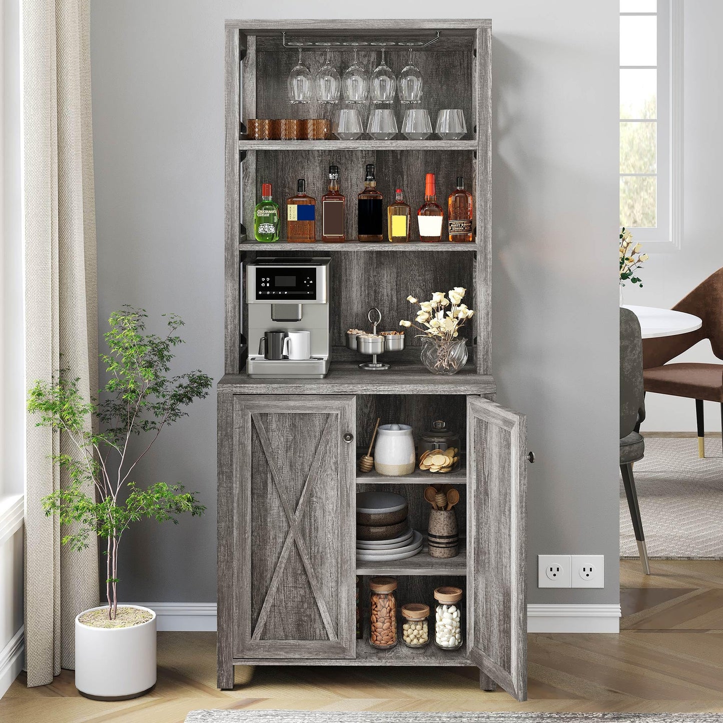 YITAHOME Kitchen Pantry Cabinet Storage Hutch with Microwave Stand Wine Rack, Freestanding Pantry Cabinet with Adjustable Shelves and Cupboard for Home, Dark Grey