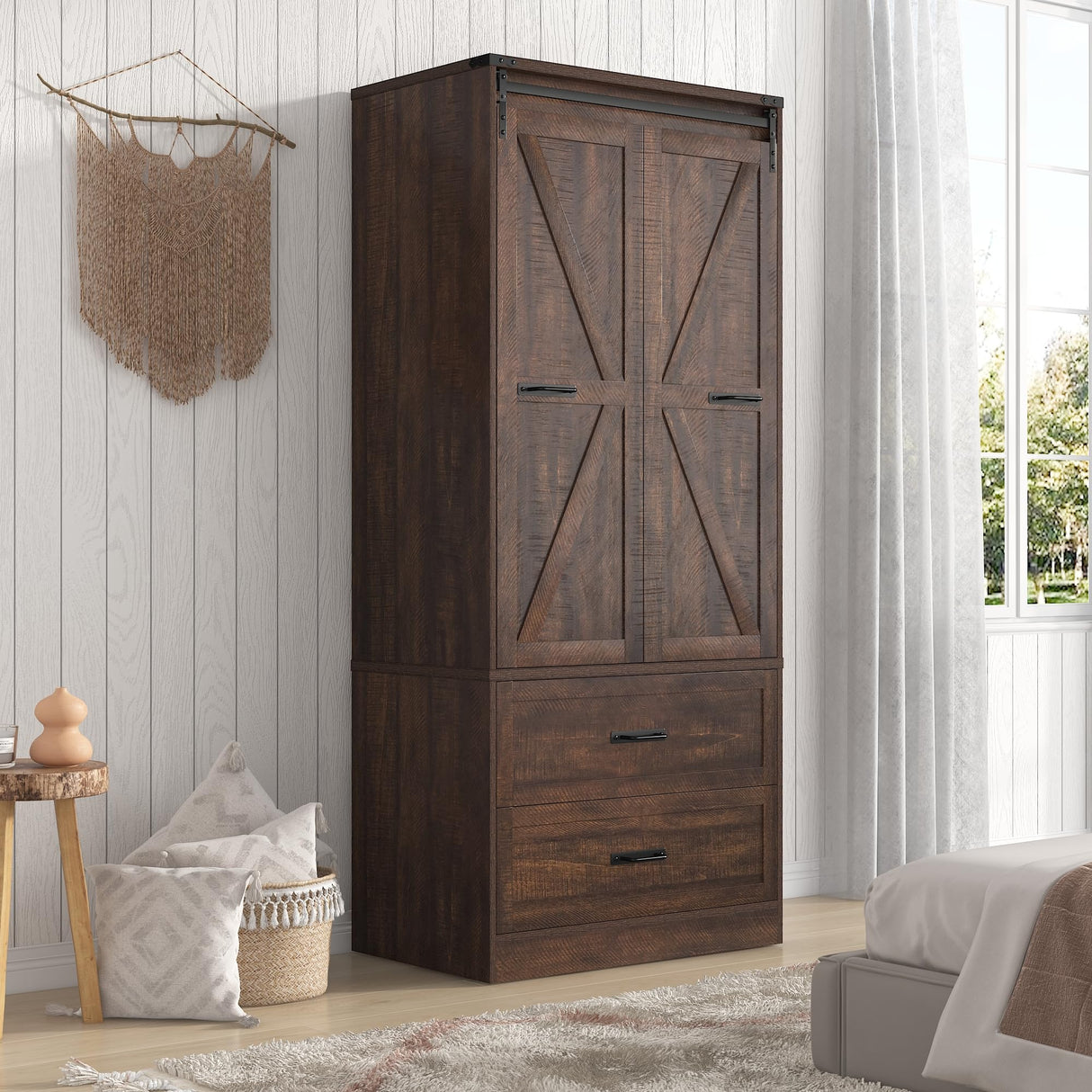 73" Tall Farmhouse 2 Doors Armoire Wardrobe Closet w/ Sliding Folding Door,2 Drawers,Closet Wardrobe Cabinet w/ LED Light,Hanging Rod for Bedroom,Wooden Wardrobe Armoire Cabinet,Antique White chartustriable