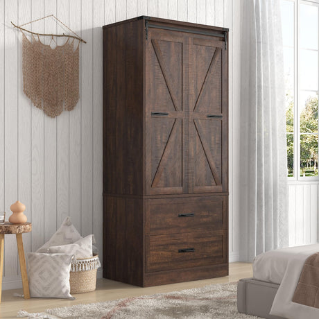 73" Tall Farmhouse 2 Doors Armoire Wardrobe Closet w/ Sliding Folding Door,2 Drawers,Closet Wardrobe Cabinet w/ LED Light,Hanging Rod for Bedroom,Wooden Wardrobe Armoire Cabinet,Antique White chartustriable