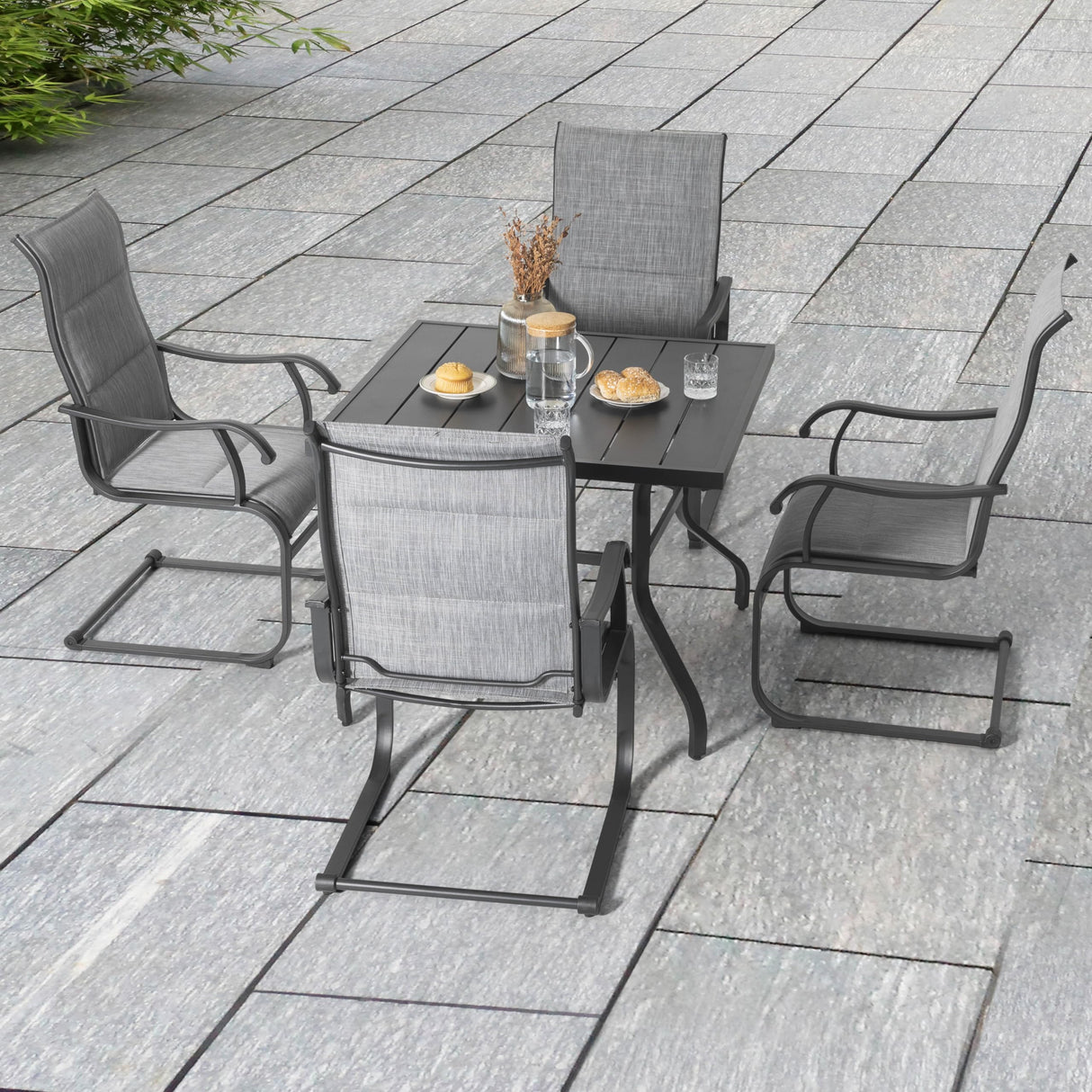 NUU GARDEN 5-Piece Outdoor Dining Set, All Weather Outdoor Padded Textilene Patio Chairs and Square Dining Table with Umbrella Hole for Backyard, Patio, Garden, Deck, Light Black and Grey NUU GARDEN
