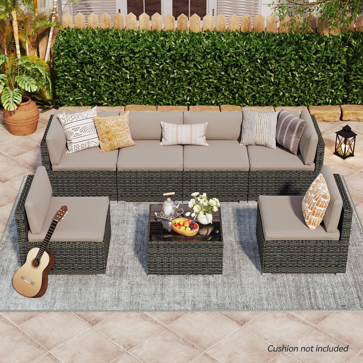 Covered Outdoor Patio Furniture Set, 7 Pieces Patio Furniture Sets with Glass Table, All-Weather PE Wicker Outdoor Couch Sectional Set, Outdoor Furniture Set for Garden/Patio/Ottoman, Grey - WoodArtSupply