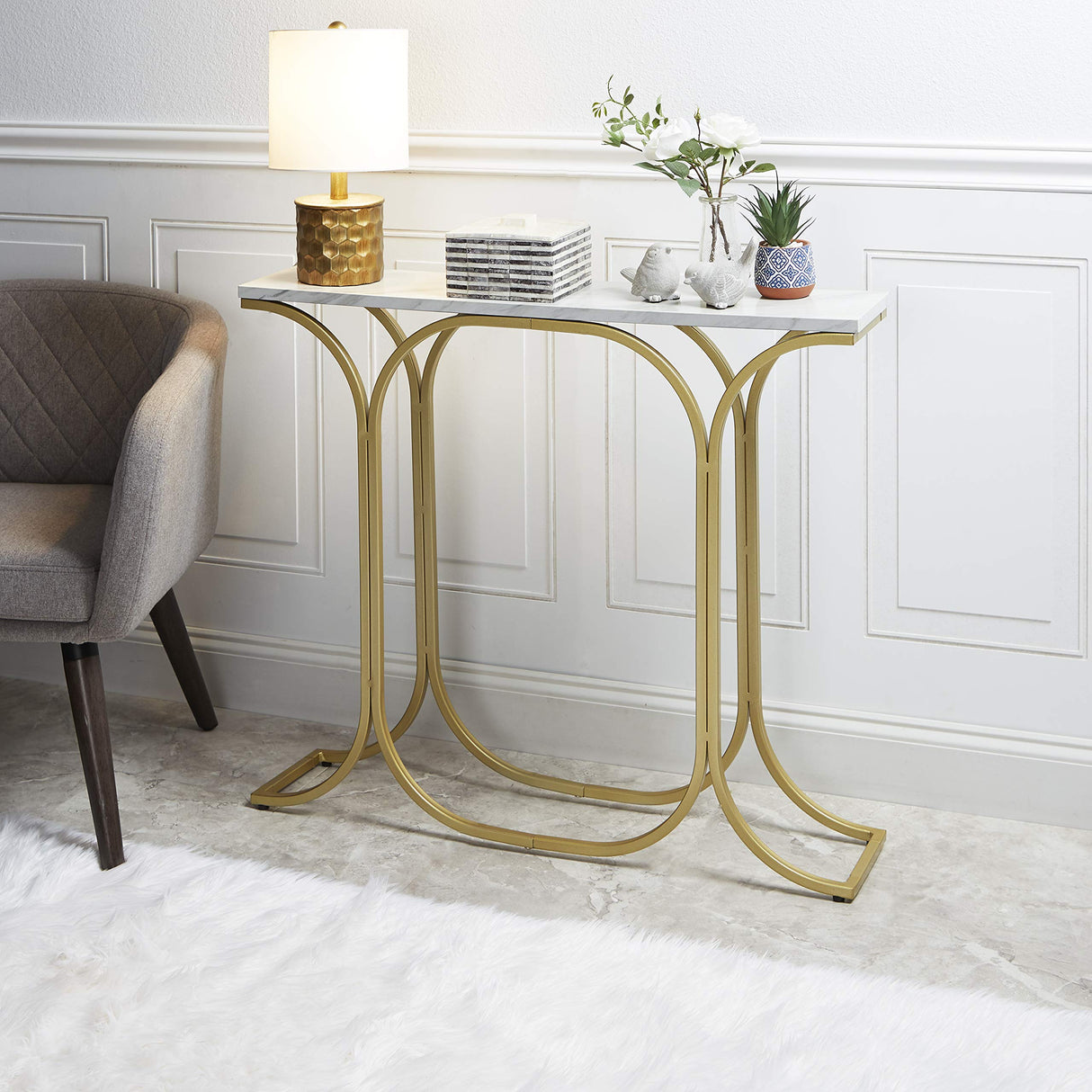 Silverwood Suzanne Slim Faux Marble Console Table, 8" L x 36" W x 30. 7" H, Gold Silverwood