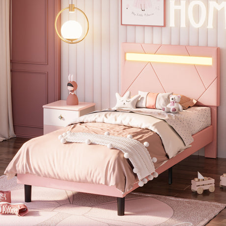 LIKIMIO Twin Bed Frame with LED Lights(Smart APP Control), Upholstered Modern Platform Bed Frame, No Box Spring Needed/Noise-Free/Easy Assembly, Pink LIKIMIO