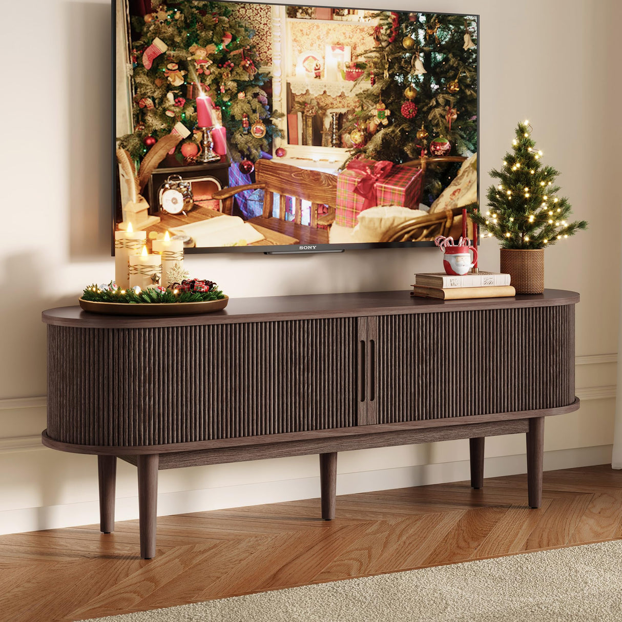 LINSY HOME TV Stand for 65" TV, Mid-Century Modern 58" Entertainment Center with Sliding Tambour Door and Storage Cabinet, Cruved TV Media Console Table for Living Room, Bedroom, Walnut LINSY HOME