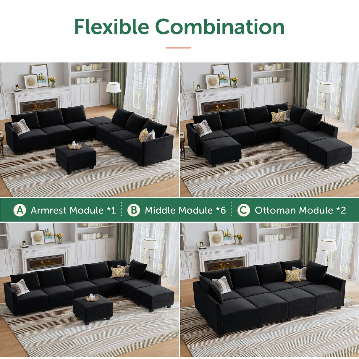 HONBAY Modular Sectional Sleeper Sofa Velvet Sectional Sleeper Couch with Storage Seats Oversized Sectional for Living Room,Black HONBAY