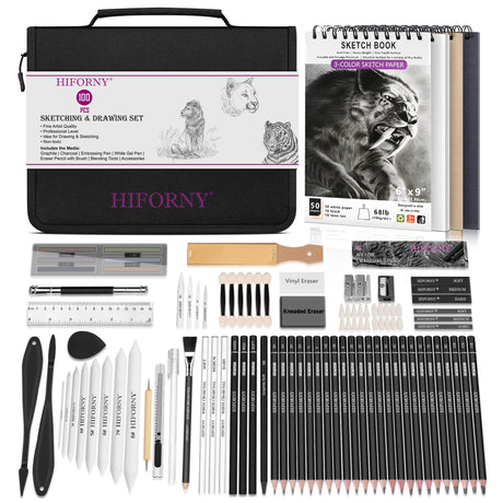 HIFORNY 100 PCS Drawing Set Sketching Kit,Sketch Pencils Art Supplies with Graphite,Charcoal,Blending Tools & Accessories,Portable Zippered Travel Case for Artists & Beginners HIFORNY