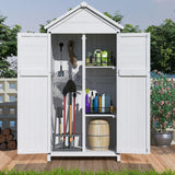 GDFStudio 67" Fir Wood Storage Shed 2 Doors Design Outdoor Tool Storage House Cabinet with Sloped Roof & 4 Interior Compartments for Garden Patio Backyard, White GDFStudio