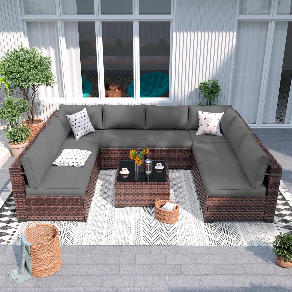 Amopatio 9 Pieces Patio Furniture Set All Weather Outdoor Sectional Sofa, Outdoor Modern Sectional Furniture Wicker Couch with Glass Coffee Table, Thicken Grey Cushions, Waterproof Cover Amopatio