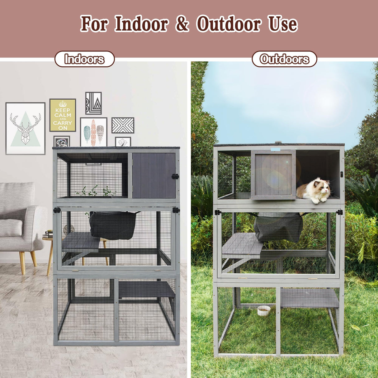 Wooden Cat House Outdoor Cat Enclosure with 3 Floors and Weatherproof Roof Indoor Large Cat Catio for Cats with Hammock & Resting Box Akinerri