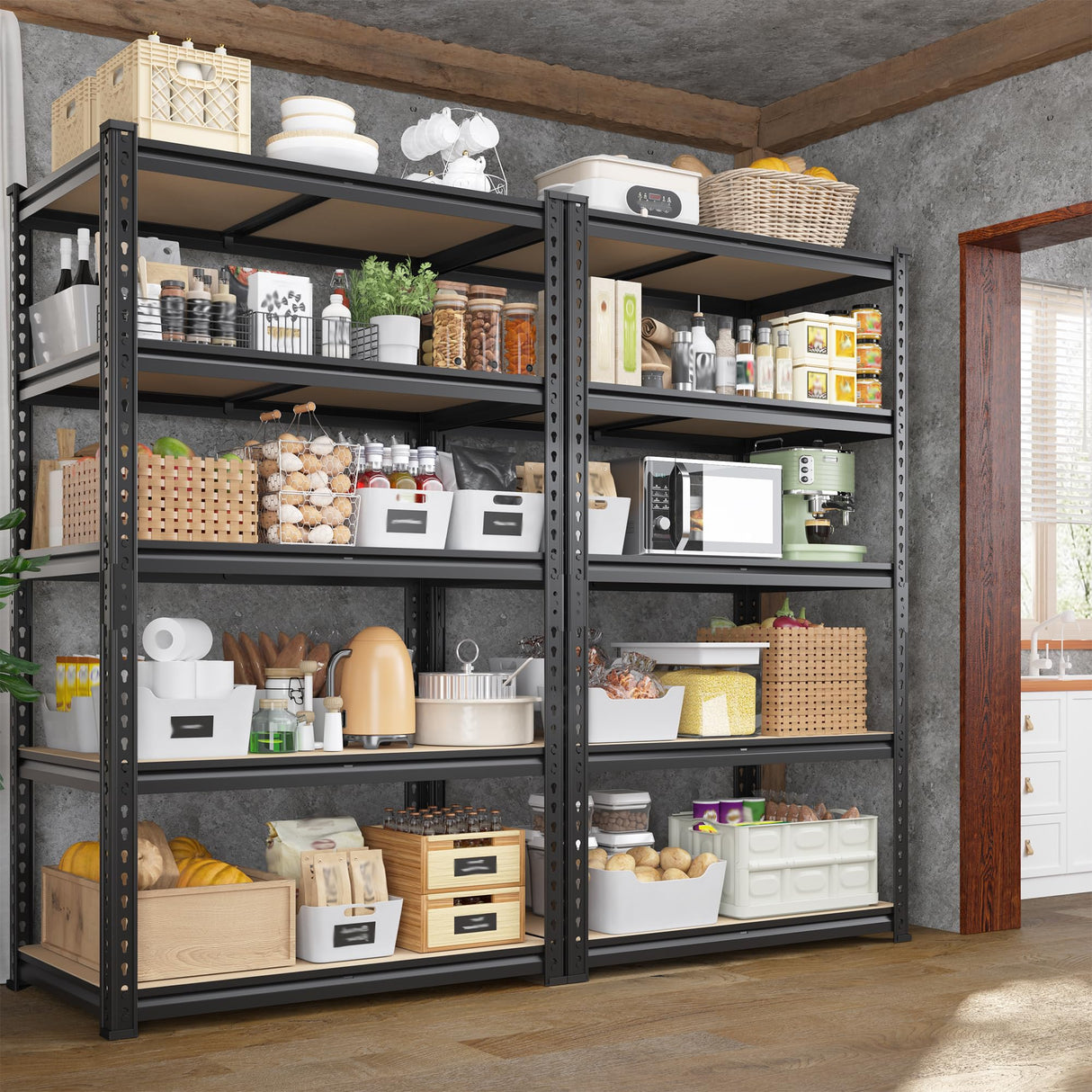 DurayLoly Set of 2 Storage Shelves 27.7"W Metal Shelving 2010LBS Garage Shelving Heavy Duty Garage Shelves Adjustable 5 Tier Metal Shelf for Pantry Kitchen Closet Basement Warehouse 11.9"D×27.7"W×60"H DurayLoly