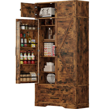 IRONCK Kitchen Pantry 72" Height, with 8 Hanging Shelves, 2 Drawers and Open Storage Cabinet, Freestanding Cupboard for Dining Room Living Room,Vintage Brown IRONCK