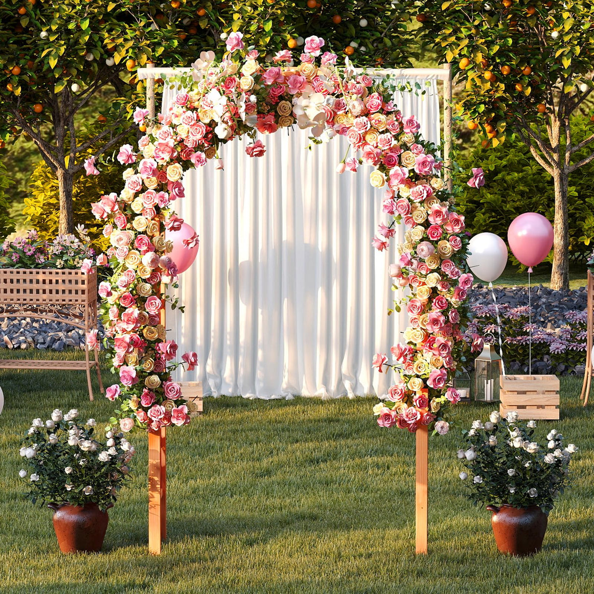 HAPPYGRILL 7.7 FT Wooden Garden Arbor, Outdoor Wood Garden Trellis for Climbing Plants, Wedding Arch Pergola for Ceremonies Parties, Solid Wood Backdrop Stand, Greenhouse Patio Lawn Decoration HAPPYGRILL