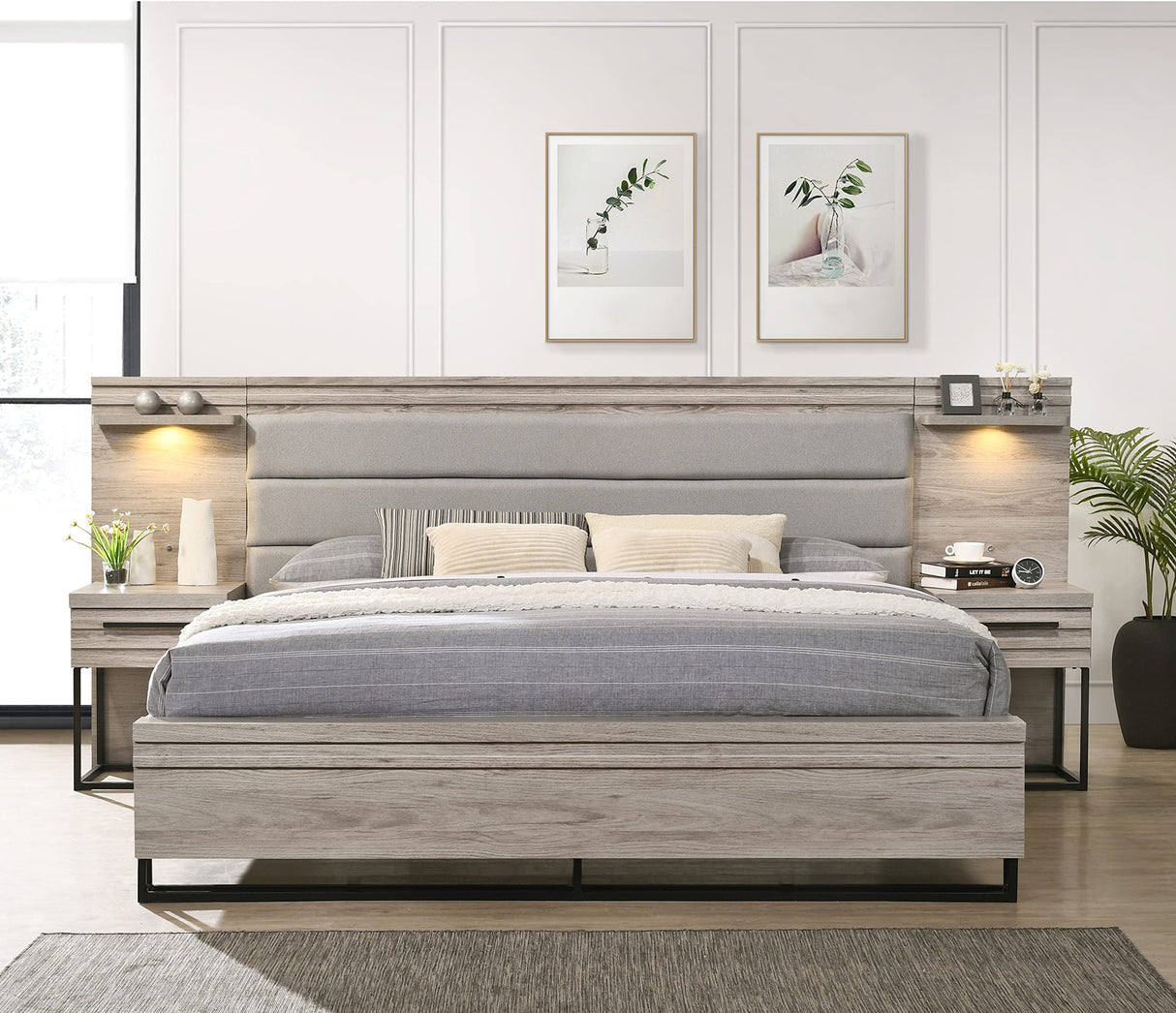 Roundhill Furniture Alvear Upholstered Wood Wallbed Bed with White LED Lights, 2 Nightstand, King, Weathered Gray Roundhill Furniture