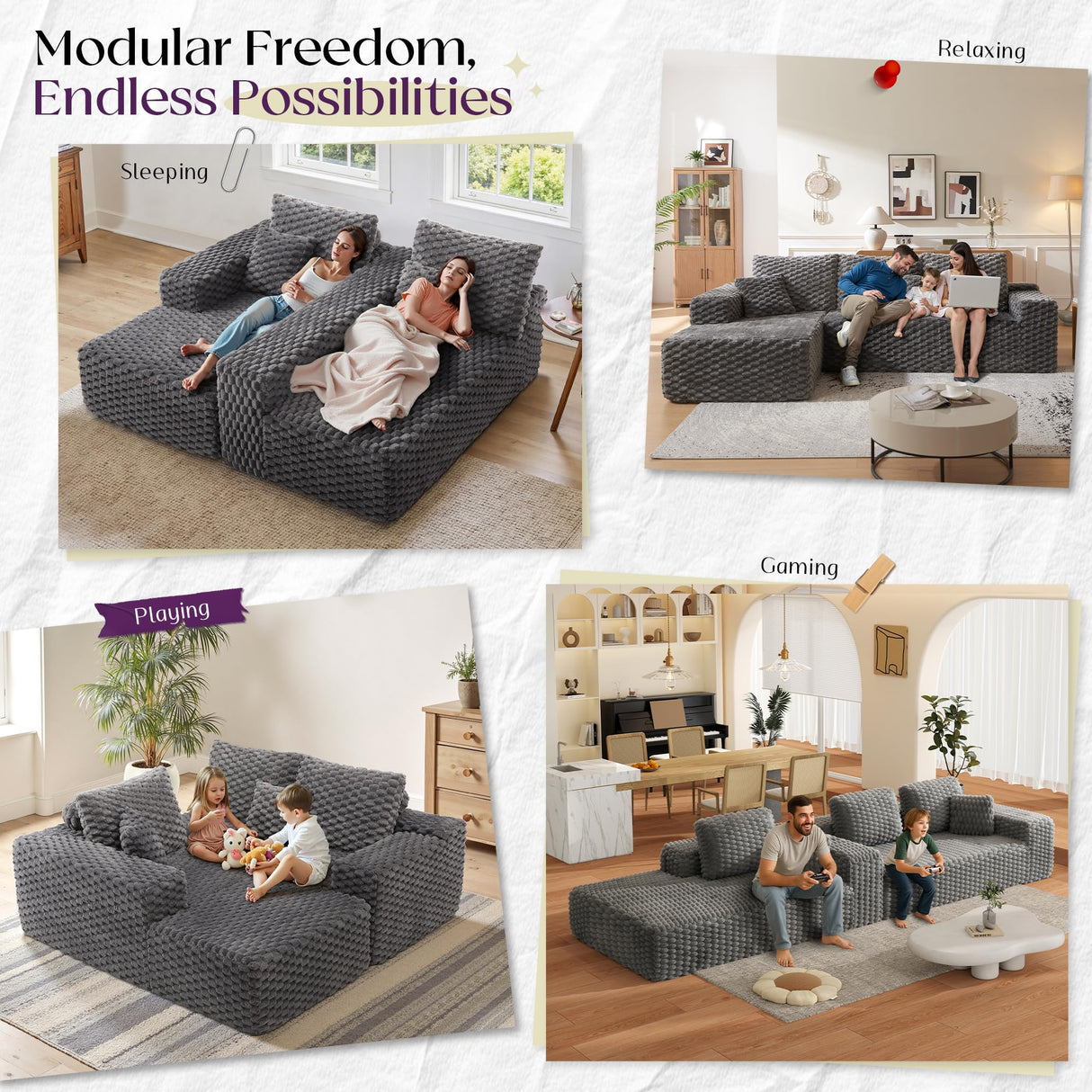 VanAcc 106’’ Oversized Modular Sectional Sofa, Deep Seat Cloud Couch with Corduroy Upholstery, L Shaped Boneless Sofas, Easy No-Assembly Lounge Couches for Living Room, Grey VanAcc