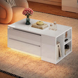 YITAHOME Coffee Table LED Coffee Table with 4 Storage Drawers, Extendable Coffee Tables for Living Room, Modern Wooden Rectangle Cocktail Table with Open Shelves & Sliding Tabletop 35"- 61", White YITAHOME
