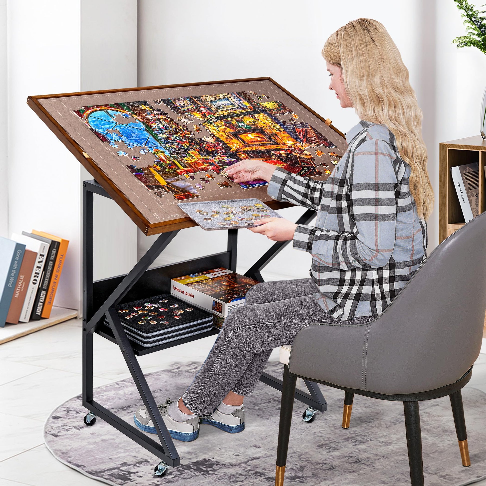 Lavievert Jigsaw Puzzle Table with Cover and Angle & Height Adjustment, Detachable Double-Sided Puzzle Board with Auxiliary Line, Tilting Table with Storage Shelf & 4 Casters for Up to 1500 P - WoodArtSupply