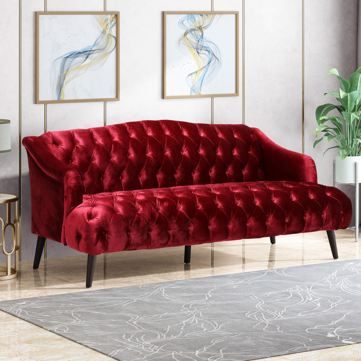 Christopher Knight Home Minxi Velvet Sofa Couch, Home Sofa Living Room with Birch Wood Legs, Comfort Modern 3 Seater Couch with Button Tufted Diamond Stitch, Luxury Chaise Lounge Chair, Wine Red Christopher Knight Home