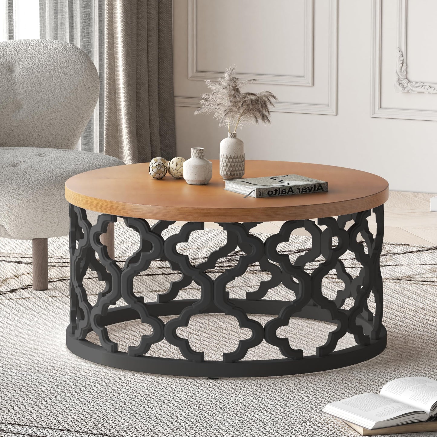 Usinso Farmhouse Round Coffee Table, Wood Grain Top Table with Curved Motif Frame Base, French Country End Table, Rustic for Living Room, Black - WoodArtSupply