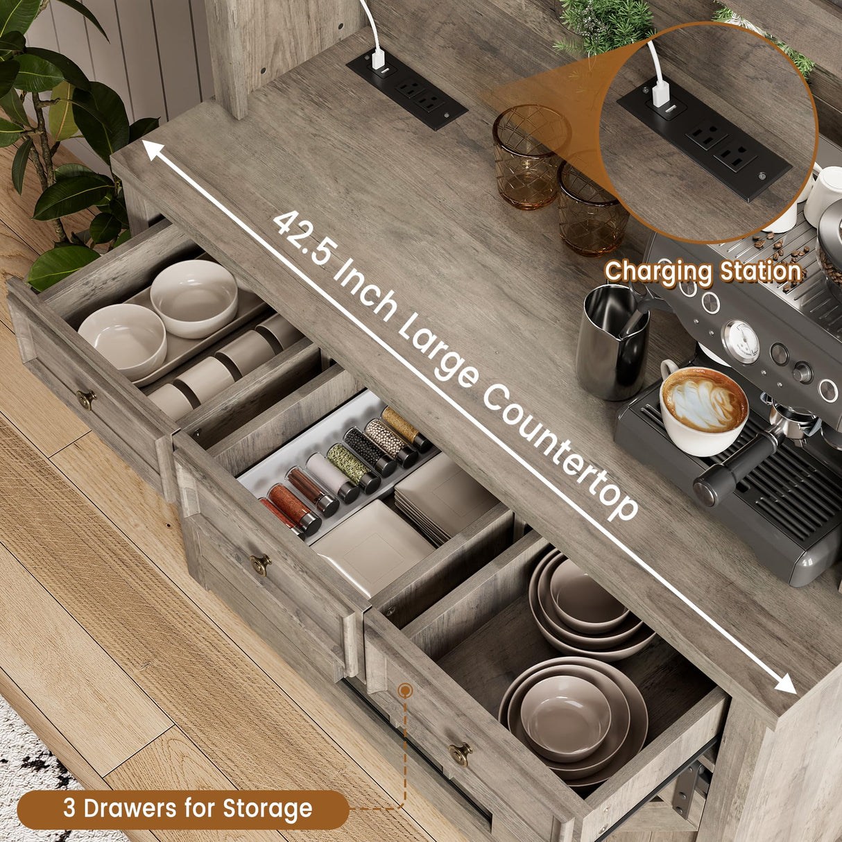 IDEALHOUSE 72" Modern Farmhouse Coffee Bar Cabinet with LED Lights & Power Outlets, Sliding Barn Doors, Rustic Gray Kitchen Buffet with Wine Storage, Ample Storage for Home Bar, Microwave IDEALHOUSE