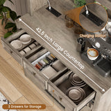 IDEALHOUSE 72" Modern Farmhouse Coffee Bar Cabinet with LED Lights & Power Outlets, Sliding Barn Doors, Rustic Gray Kitchen Buffet with Wine Storage, Ample Storage for Home Bar, Microwave IDEALHOUSE