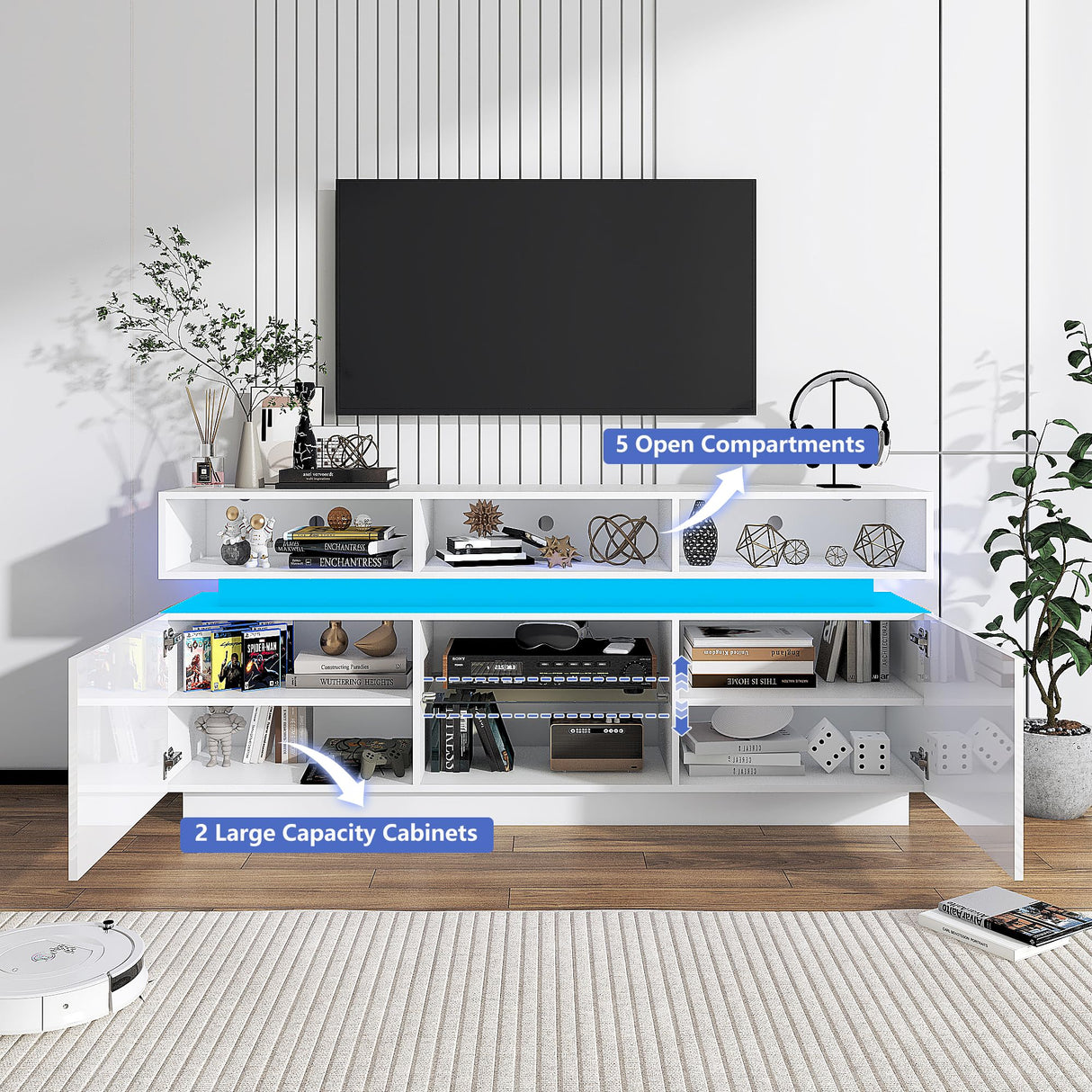 chartustriable LED TV Stand for 75 Inch TV, Modern Tall Entertainment Center with Storage, High Gloss Gaming TV Media Console with Glass Shelf for Living Room, 63 Inch, White chartustriable