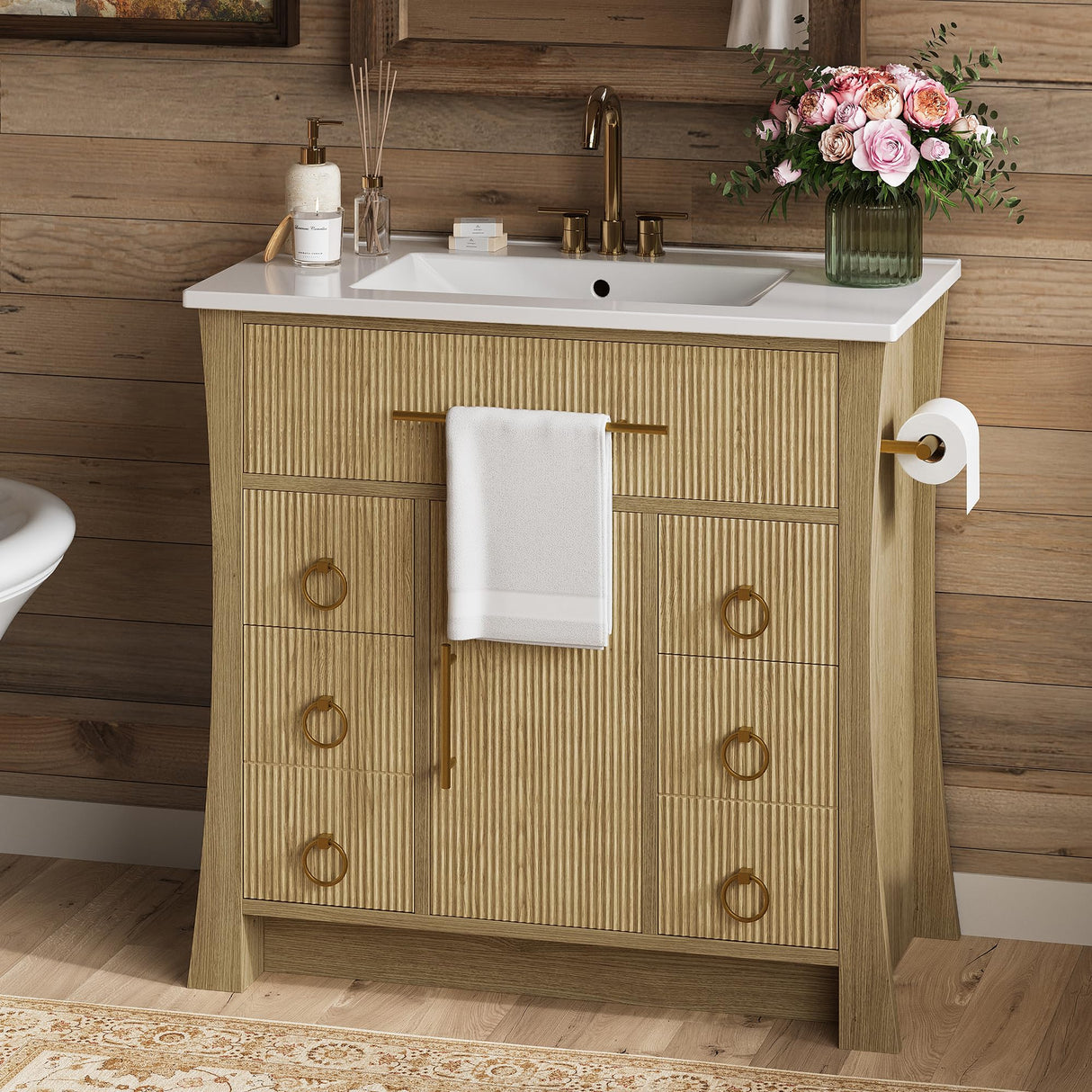 IRONCK 36" Bathroom Vanity with Sink, Freestanding Bathroom Sink Cabinet with 4 Drawers & 1 Flip-Down Drawer, Wood Grain Texture, Metal Handle, Farmhouse IRONCK