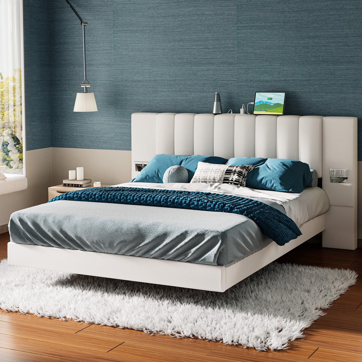 LIKIMIO Modern Floating Full Bed Frame with Padded Headboard, LED Lights & Charging Station in Beige - WoodArtSupply