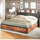 LIKIMIO Vintage Brown King Bed Frame with 4 Storage Drawers and Charging Headboard LIKIMIO