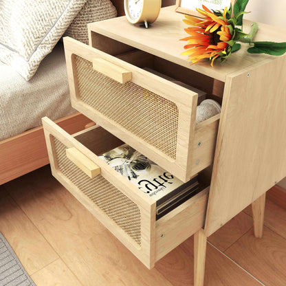 YAUKOMEL Rattan Nightstand, Small End Table, Side Table with Hand Made Rattan Decorated Drawers,Boho Bedside Table,Wood Accent Table with Storage for Small Space,Livingroom, Bedroom, Natural  - WoodArtSupply