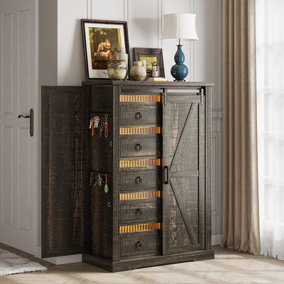 Farmhouse Dresser for Bedroom w/Sliding Barn Door, 5 Drawers Wood Dresser with LED Lights, Chest of Drawers Tall Dressers for Bedroom, Living Room, Hallway, Kids Room, Antique White