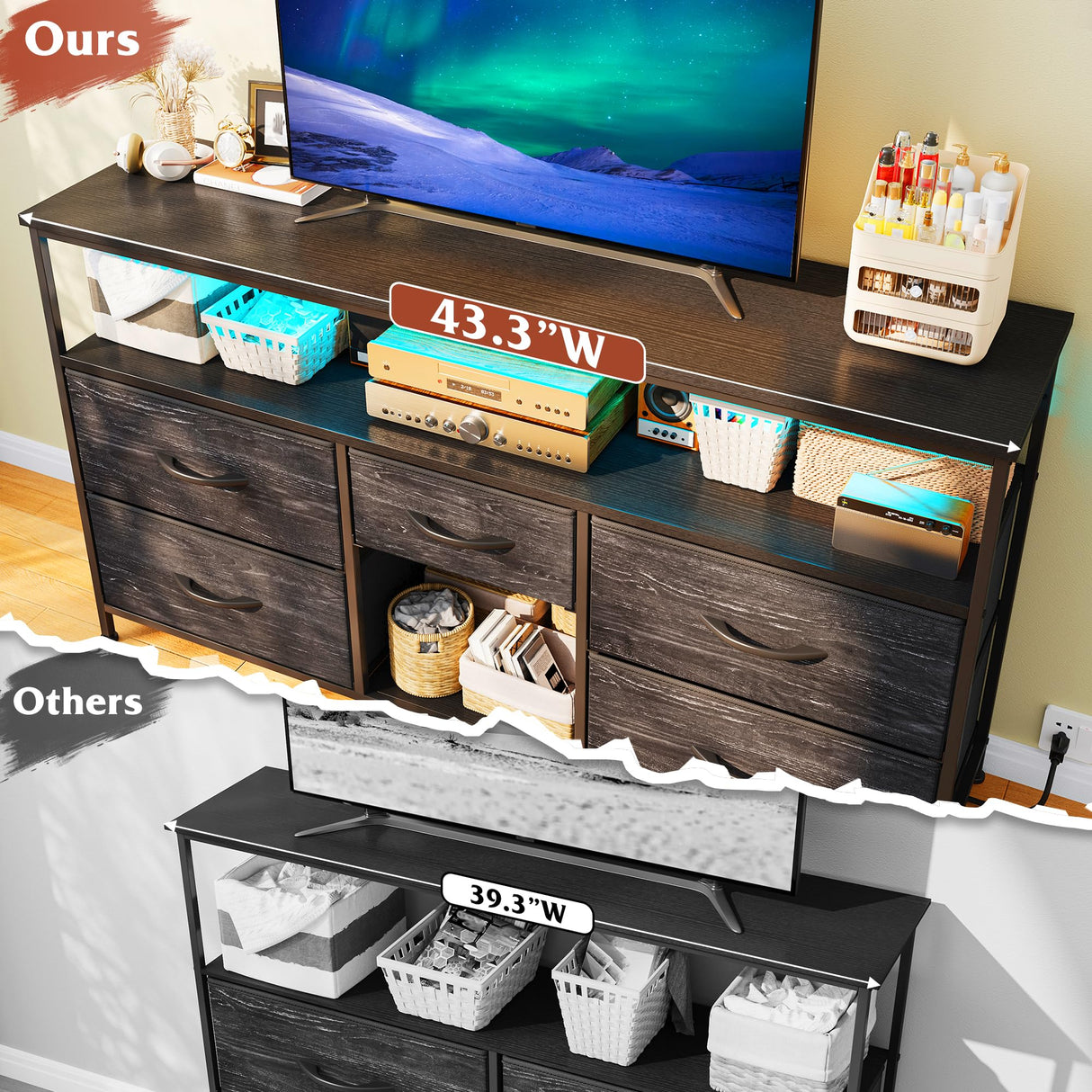 TV Stand with LED Lights & Power Outlets, Entertainment Center for 50" Inch TV, 5 Drawers TV Stand for Bedroom Dresser with Shelves for Living Room, Sturdy Metal Frame, Black EnHomee