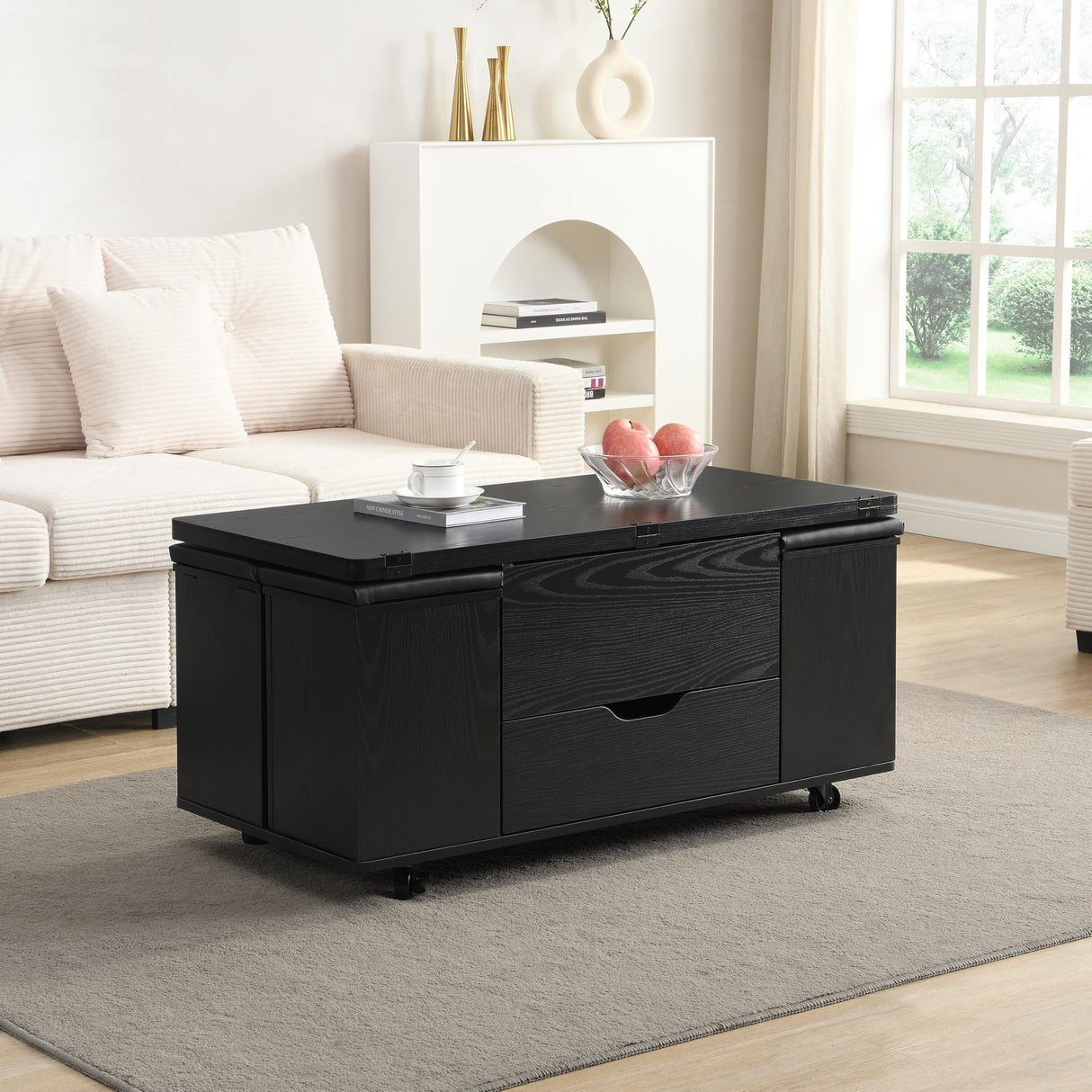 Christopher Knight Home Lucid Wooden Lift Top Coffee Table with Hidden Storage and 4 Stools, Center Table for Living Room with Compartment/Drawer, Multifunctional Table with Casters, Black Christopher Knight Home