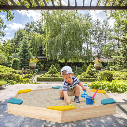 Costzon Kids Sandbox, Hexagon Large Cedar Wood Sand Pit w/ 6 Built-in Corner Seating, Wooden Sand Box for Backyard Lawn Garden Beach, Outdoor Play Furniture for Children Ages 3+ (Natural)